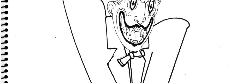 sketch of a clown in a tuxedo pulling his own eyelids